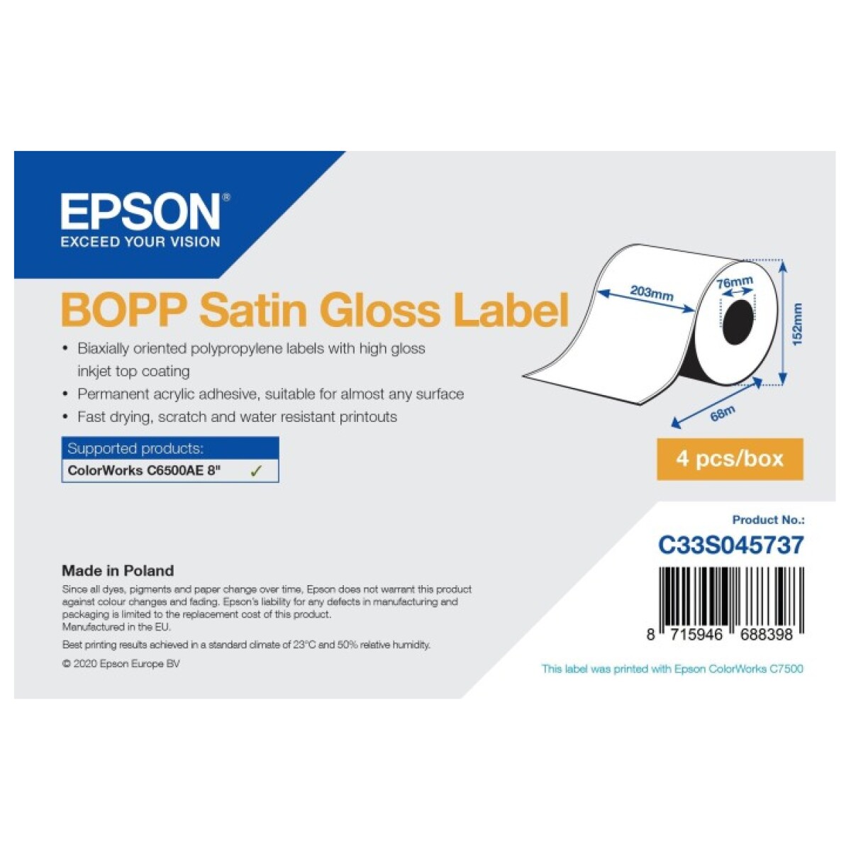 Epson Etiketten - 203mm x 68m - BOPP Satin Gloss Label - Doorlopende Rol