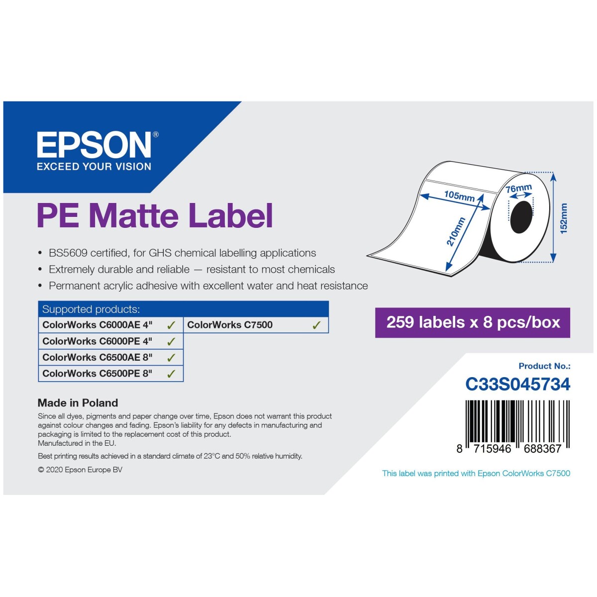 Epson Etiketten - 105 x 210 mm. - PE Matte Label - Die-Cut Roll