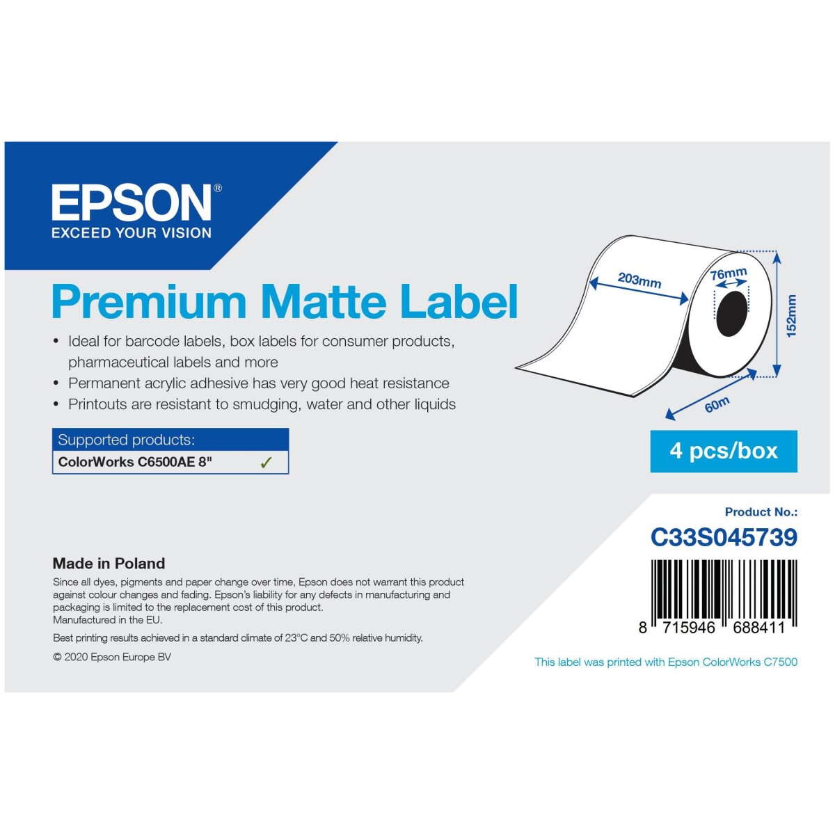 Epson Etiketten - 203mm x 60m - Premium Matte - Doorlopende Rol