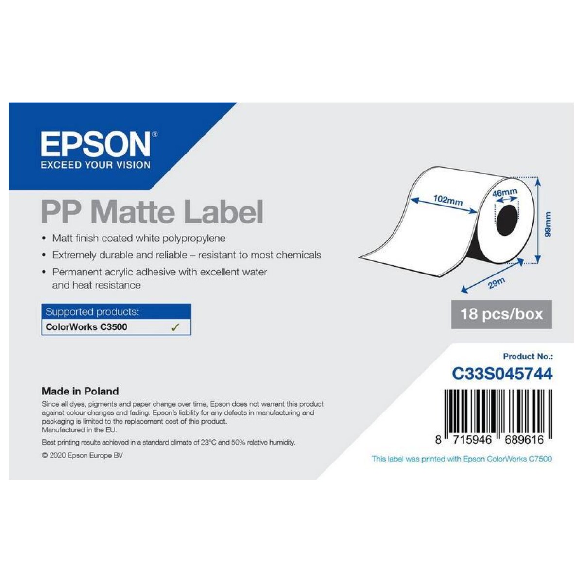 Epson Etiketten - 102mm x 29m - PP Matte  - Doorlopende Rol