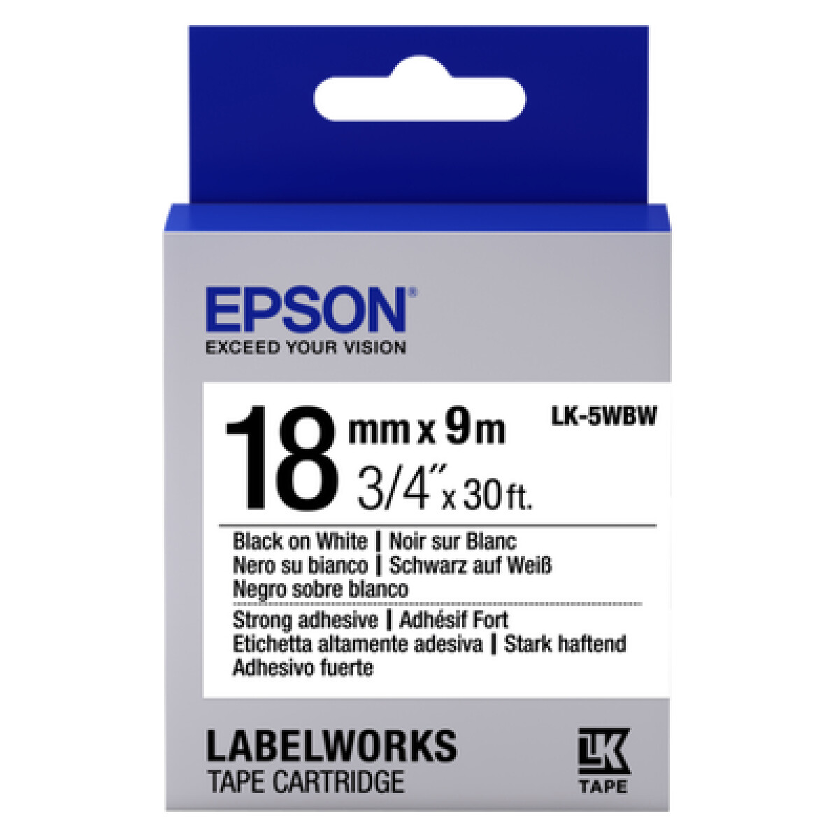 Epson LK-5WBW - 18 mm. Extra Strong Tape - Zwart op Wit