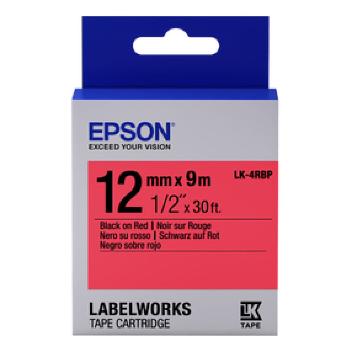 Epson LK-4RBP - 12 mm. Pastel Tape - Zwart op Rood