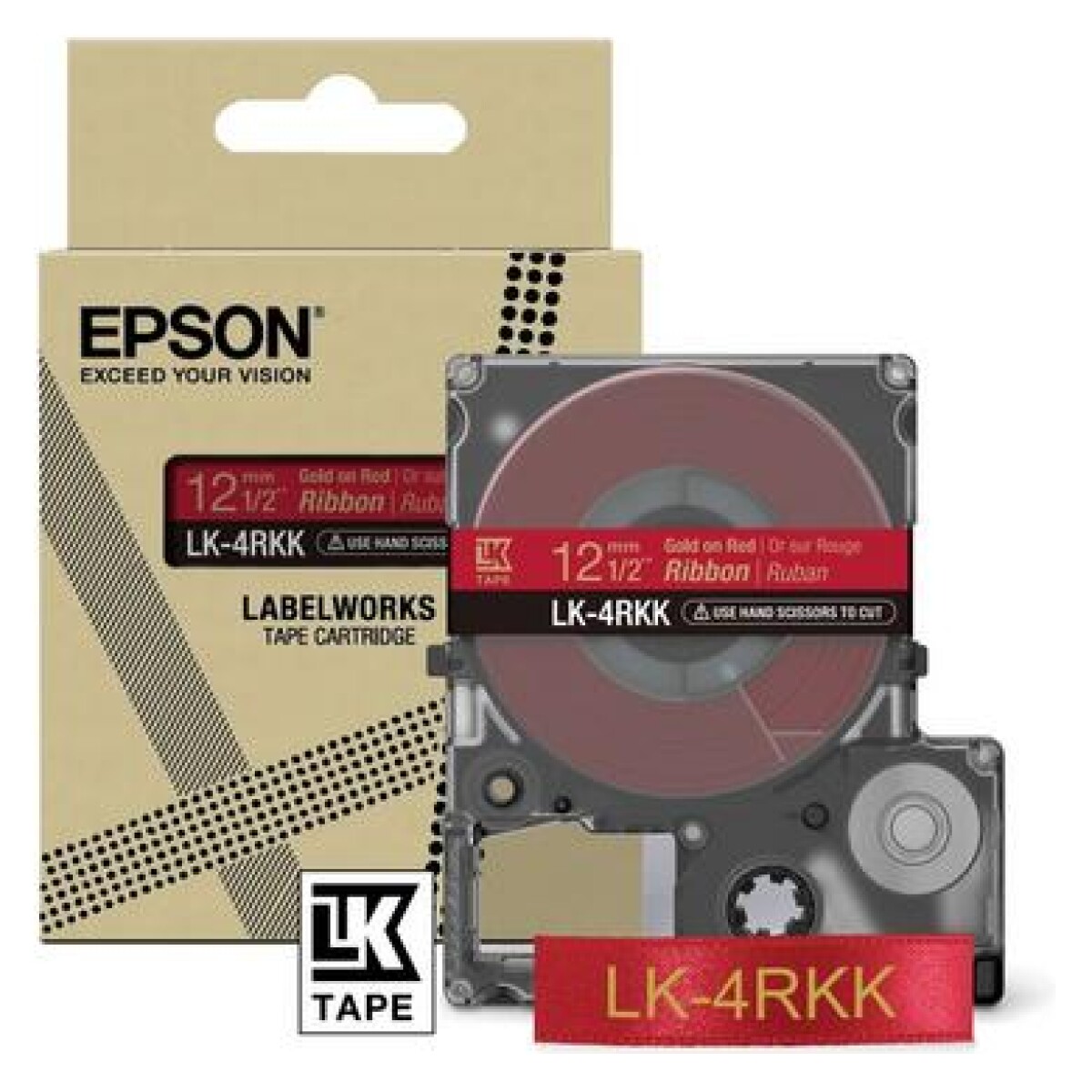 Epson LK-4RKK - 12 mm. Satijn Band - Goud op Rood